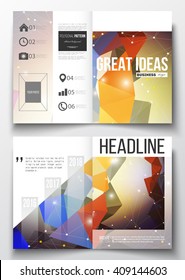 Set of business templates for brochure, magazine, flyer, booklet or annual report. Molecular construction with connected lines and dots, scientific pattern on abstract colorful polygonal background