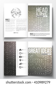 Set of business templates for brochure, magazine, flyer, booklet or annual report. Microchip background, electrical circuits, science design vector template. 