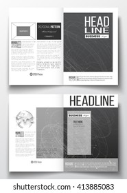 Set of business templates for brochure, magazine, flyer, booklet or annual report. Molecular construction with connected lines and dots, scientific or digital design pattern on black background.