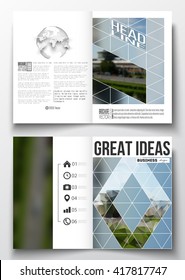 Set of business templates for brochure, magazine, flyer, booklet or annual report. Colorful polygonal background, blurred image, airport landscape, modern stylish triangular vector texture.