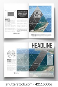 Set of business templates for brochure, magazine, flyer, booklet or annual report. Colorful polygonal backdrop, blurred background, sea landscape, modern triangle vector texture.