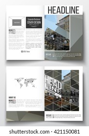Set of business templates for brochure, magazine, flyer, booklet or annual report. Polygonal background, blurred image, urban landscape, cityscape, modern triangular texture.