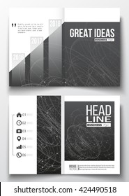 Set of business templates for brochure, magazine, flyer, booklet or annual report. Molecular construction with connected lines and dots, scientific or digital design pattern on black background.