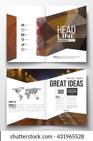 Set of business templates for brochure, magazine, flyer, booklet or annual report. Dark polygonal background, blurred image, night city landscape, car traffic, modern triangular texture.