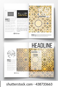 Set of business templates for brochure, magazine, flyer, booklet or annual report. Islamic golden vector texture, geometric pattern, abstract ornament with arabic calligraphy which means -Eid al Fitr-