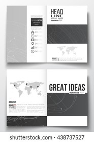 Set of business templates for brochure, magazine, flyer, booklet or annual report. Molecular construction with connected lines and dots, scientific or digital design pattern on black background.