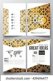 Set of business templates for brochure, magazine, flyer, booklet. Islamic golden vector texture, geometric pattern, arabic calligraphy which means - Eid al Fitr- for muslim community.