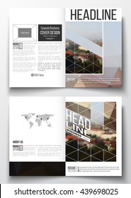 Set of business templates for brochure, magazine, flyer, booklet or annual report. Polygonal background, blurred image, urban landscape, cityscape of Prague, modern triangular texture