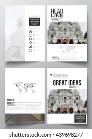 Set of business templates for brochure, magazine, flyer, booklet or annual report. Polygonal background, blurred image, view of cathedral Sakre-Ker, Paris cityscape, modern triangular vector texture.