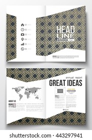 Set of business templates for brochure, magazine, flyer, booklet or annual report. Islamic gold pattern with overlapping geometric square shapes forming abstract ornament. Vector golden texture.