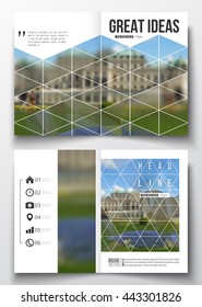 Set of business templates for brochure, magazine, flyer, booklet or annual report. Polygonal background, blurred image, park landscape, modern stylish vector texture.