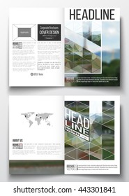 Set of business templates for brochure, magazine, flyer, booklet or annual report. Polygonal background, blurred image, park landscape, modern stylish vector texture.