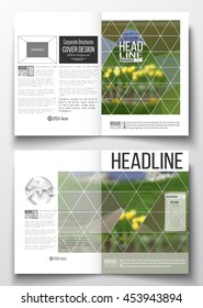 Set of business templates for brochure, magazine, flyer, booklet or annual report. Colorful polygonal floral background, blurred image, yellow flowers on green, modern triangular texture.