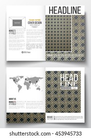 Set of business templates for brochure, magazine, flyer, booklet or annual report. Islamic gold pattern with overlapping geometric square shapes forming abstract ornament. Vector golden texture.