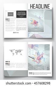 Set of business templates for brochure, magazine, flyer, booklet or annual report. Molecular construction with connected lines and dots, scientific pattern on abstract colorful polygonal background