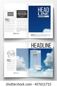 Set of business templates for brochure, magazine, flyer, booklet or annual report. Beautiful blue sky, abstract geometric background with white clouds, leaflet cover, business layout, vector.