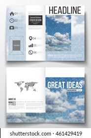 Set of business templates for brochure, magazine, flyer, booklet or annual report. Beautiful blue sky, abstract geometric background with white clouds, leaflet cover, business layout, vector.