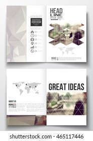 Set of business templates for brochure, magazine, flyer, booklet or annual report. Polygonal background, blurred image, vacation, travel, tourism. Modern triangular vector texture.