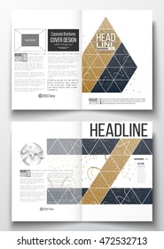 Set of business templates for brochure, magazine, flyer, booklet or annual report. Polygonal backdrop with connecting dots and lines, golden background, connection structure. Digital, science vector