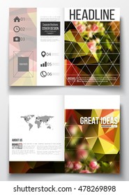 Set of business templates for brochure, magazine, flyer, booklet or annual report. Colorful polygonal floral background, blurred image, pink flowers on green, modern triangular texture