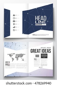 Set of business templates for brochure, magazine, flyer, booklet or annual report. Polygonal low poly backdrop with connecting dots and lines, connection structure, blue background. Science vector