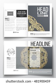 Set of business templates for brochure, magazine, flyer. Golden microchip pattern on dark background, mandala template, connecting dots and lines, connection structure. Digital scientific vector