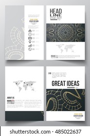 Set of business templates for brochure, magazine, flyer, booklet or annual report. Polygonal backdrop with golden connecting dots and lines, connection structure. Digital scientific background