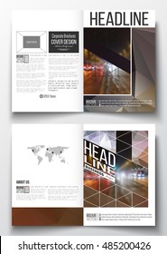 Set of business templates for brochure, magazine, flyer, booklet or annual report. Dark polygonal background, blurred image, night city landscape, car traffic, modern triangular texture