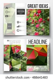 Set of business templates for brochure, magazine, flyer, booklet or annual report. Colorful polygonal floral background, blurred image, red flowers on green, modern triangular texture