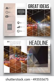 Set of business templates for brochure, magazine, flyer, booklet or annual report. Dark polygonal background, blurred image, night city landscape, car traffic, modern triangular texture