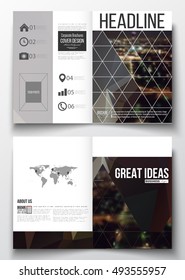 Set of business templates for brochure, magazine, flyer, booklet or annual report. Dark polygonal background, blurred image, night city landscape, Paris cityscape, modern triangular vector texture