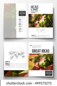 Set of business templates for brochure, magazine, flyer, booklet or annual report. Colorful polygonal floral background, blurred image, pink flowers on green, modern triangular texture