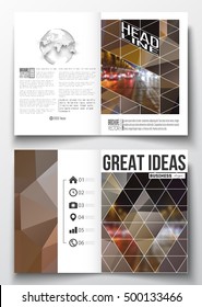 Set of business templates for brochure, magazine, flyer, booklet or annual report. Dark polygonal background, blurred image, night city landscape, car traffic, modern triangular texture