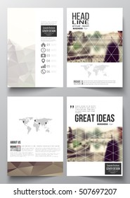 Set of business templates for brochure, magazine, flyer, booklet or annual report. Polygonal background, blurred image, vacation, travel, tourism. Modern triangular vector texture