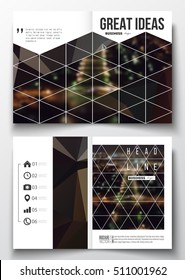 Set of business templates for brochure, magazine, flyer, booklet or annual report. Dark polygonal background, blurred image, night city landscape, Paris cityscape, modern triangular vector texture