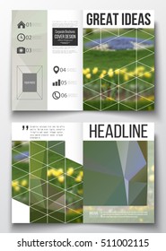 Set of business templates for brochure, magazine, flyer, booklet or annual report. Colorful polygonal floral background, blurred image, yellow flowers on green, modern triangular texture