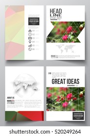 Set of business templates for brochure, magazine, flyer, booklet or annual report. Colorful polygonal floral background, blurred image, red flowers on green, modern triangular texture