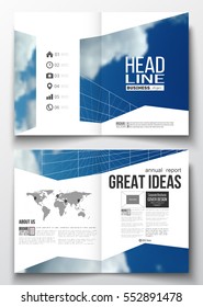 Set of business templates for brochure, magazine, flyer, booklet or annual report. Beautiful blue sky, abstract geometric background with white clouds, leaflet cover, layout, vector illustration.