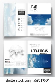 Set of business templates for brochure, magazine, flyer, booklet or annual report. Beautiful blue sky, abstract geometric background with white clouds, leaflet cover, layout, vector illustration.