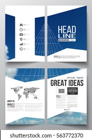 Set of business templates for brochure, magazine, flyer, booklet or annual report. Beautiful blue sky, abstract geometric background with white clouds, leaflet cover, layout, vector illustration.