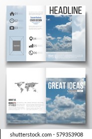Set of business templates for brochure, magazine, flyer, booklet or annual report. Beautiful blue sky, abstract background with white clouds, leaflet cover, business layout, vector.