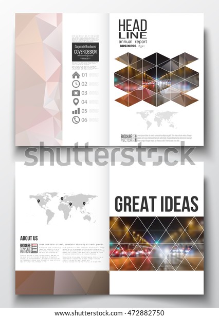 Set of
business templates for brochure, magazine, flyer, booklet or annual
report. Dark polygonal background, blurred image, night city
landscape, car traffic, modern triangular
texture