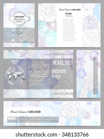 Set of business templates for presentation, brochure, flyer, banner or booklet. Hand drawn floral doodle pattern, abstract vector background.