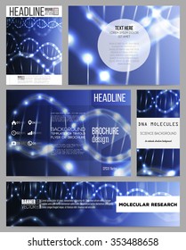 Set of business templates for presentation, brochure, flyer or booklet. DNA molecule structure on dark blue background. Science vector background.