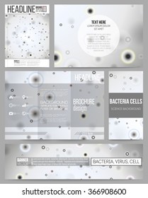 Set of business templates for presentation, brochure, flyer or booklet. Molecular research, illustration of cells in gray, science vector background.