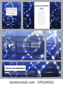 Set of business templates for presentation, brochure, flyer or booklet. DNA molecule structure on dark blue background. Science vector background.