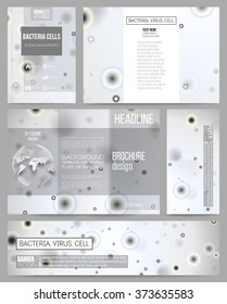 Set of business templates for presentation, brochure, flyer or booklet. Molecular research, illustration of cells in gray, science vector background.