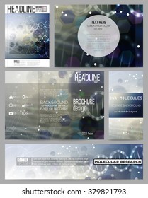 Set of business templates for presentation, brochure, flyer or booklet. DNA molecule structure on dark blue background. Science vector background.