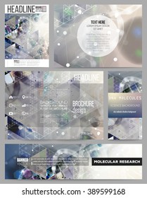 Set of business templates for presentation, brochure, flyer or booklet. DNA molecule structure on dark blue background. Science vector background.