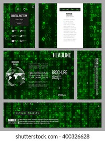 Set of business templates for presentation, brochure, flyer or booklet. Virtual reality, abstract technology background with green symbols, vector illustration.